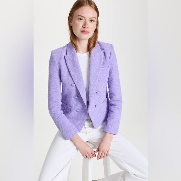 L'AGENCE Brooke Lavender Purple Tweed Double Breasted Crop Blazer, Size 8 - Picture 1 of 15